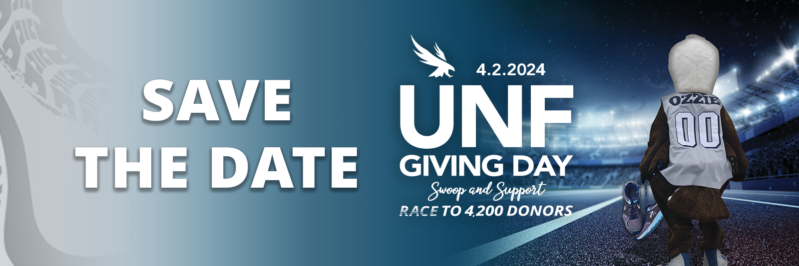 save the date with the UNF giving logo with ozzie holding shoes